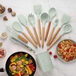 12 Pcs Set Wooden Handle Silicone Kitchen Utensils With Storage Bucket High Temperature Resistant And Non Stick Pot Spatula Spoon( Random Color )