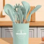 12 Pcs Set Wooden Handle Silicone Kitchen Utensils With Storage Bucket High Temperature Resistant And Non Stick Pot Spatula Spoon( Random Color )