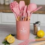 12 Pcs Set Wooden Handle Silicone Kitchen Utensils With Storage Bucket High Temperature Resistant And Non Stick Pot Spatula Spoon( Random Color )