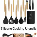 12 Pcs Set Wooden Handle Silicone Kitchen Utensils With Storage Bucket High Temperature Resistant And Non Stick Pot Spatula Spoon( Random Color )