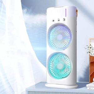 Portable Mini Double Fan Air Cooler With Mist Humidifier And Led Lighting, Mini Table Cooling Fan For Home & Office – Rechargeablel