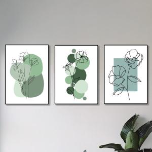 Set Of 3 Abstract Plant Art Wooden Canvas Frames For Wall Decore / Sticky Phototiles For Home And Office