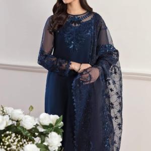 Baroque Embroidered Chiffon Navy Blue Unstitched – D291/292