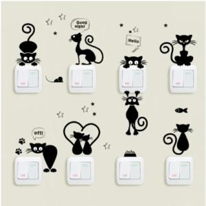 8 Pcs Cartoon Black Kitty Switch Sticker Home Decor Living Room