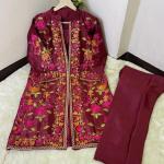 3 Pcs Beautiful Embroidery Suit Shamose Silk With Round Neck