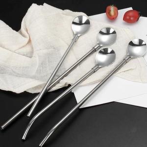 4 Pcs Set Stainless Steel Spoon With Straw Reusable Spoon Cocktail Stirrers For Drinks Drinking Straw