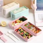 Bento Lunch Box For Adults/kids – 2-layer Leak-proof Wheat Straw Meal Prep Container With Utensils, Bpa-free, Microwave & Dishwasher Safe ( Random Color )( Without Box )