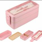 Bento Lunch Box For Adults/kids – 2-layer Leak-proof Wheat Straw Meal Prep Container With Utensils, Bpa-free, Microwave & Dishwasher Safe ( Random Color )( Without Box )